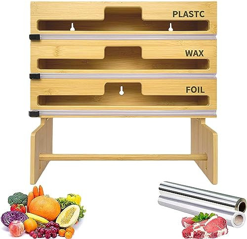 ITETONE Cling Film Dispenser and Cutter Compatible with 12 Inch Rolls,Bamboo Parchment Paper Tin Foil Dispenser with Paper Towel Holder, Kitchen Wrap Organiser for Kitchen Cabinet Drawer Wall