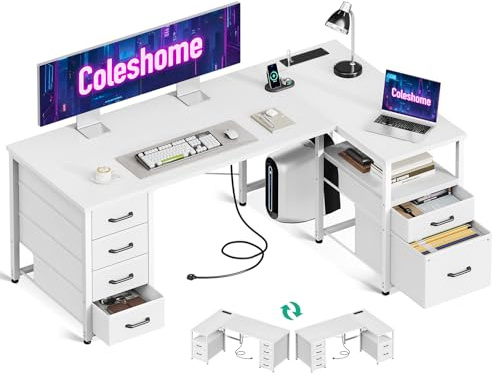 Coleshome L Shaped Computer Desk with 6 Drawers & Power Outlet, 140×80cm