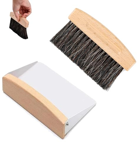 GANILITY Tischbesen, Tischbesen und Kehrschaufel Set, Kehrschaufel aus Metall, Tischbesen aus Holz, Mini Besen Tischkehrer, für Küche und Wohnzimmer, Schwarzer Besen, weißer Spatel
