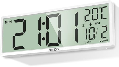 XREXS 15 Inch Large Digital Wall Clock, Battery Operated | Large Screen, Auto DST, Day/Date/Alarm/Temperature Display, For Home, Office, Gym & Classroom
