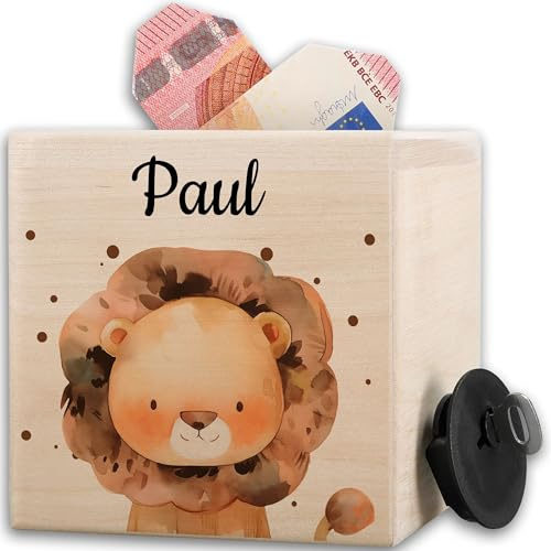Spardose - Holzspardose süßer Löwe mit Name I Geldgeschenk Löwen Sparbüchse Holz Kinder Taschengeldkasse I Lion I Leo - 10x10cm - Holz - löwe. kinderspardose personalisierbar spardosen