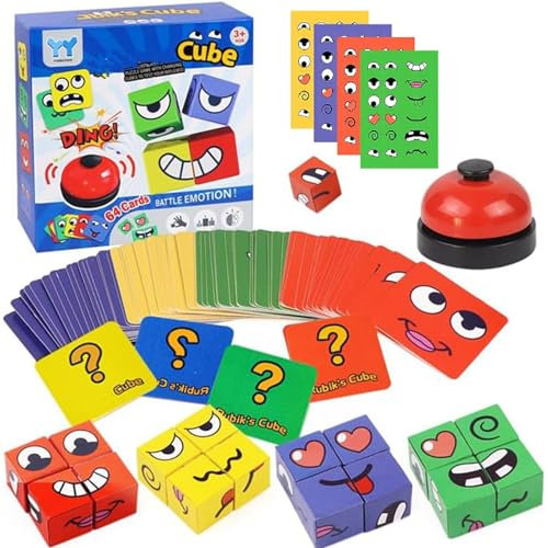 Holzwürfel Puzzle Face Changing Magic Cube Bunte Zauberwürfel Baustein Spielzeug Puzzle Bauwürfel Gesichter Interaktion Spielzeug Emoji Blöcke Holz Lernset Würfelpuzzle für Kinder ab 3 Jahren