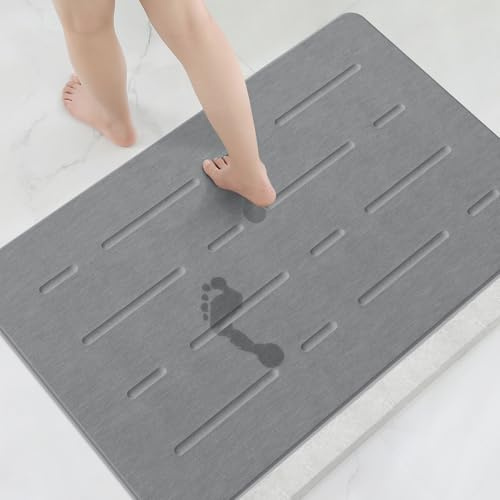 OTHWAY Large Stone Bath Mat, 32x 20 Diatomaceous Earth Bath Mat for Bathroom Quick Drying Absorbing, Long Non-Slip Diatomite Hard Stone Shower Mat Instant Dry(Dark Grey)