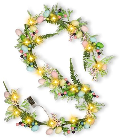 Ostergirlande mit Beleuchtung, 1.8M 20 LED Osterdeko Girland, Tannengirlande Künstlich mit Ostereier und Blumen, Frühling Ostern Deko Girlande zum Aufhängen für Innen Außen, Frühlingsdeko (2M)