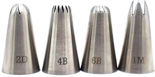#1M #2D #4B #6B Large Piping Nozzles, 4 pcs Stainless Steel Seamless Icing Piping Tips Set for Cupcakes and Baking