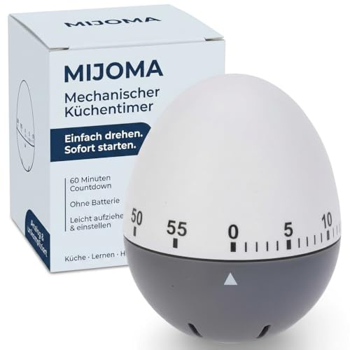 MIJOMA Küchentimer mechanisch – Eieruhr 60 Minuten – manueller Kurzzeitwecker ohne Batterie für Kochen Backen Lernen und Alltag (Ei Weiß-Steingrau)