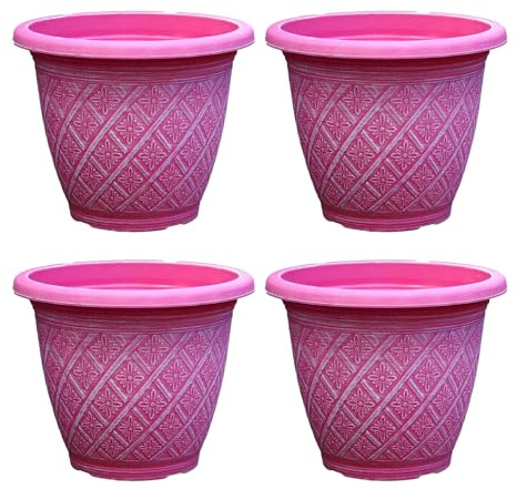 Fyne-Finds Set of 4 Round 33cm,13inch Garden Plant Pot 11Liters Woven Flower Outdoor Decor Planter Frost Proof, Weatherproof, Drainage Hole (Raspberry Pink)