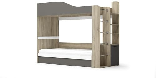 ARREDO DA CASA Letto a Castello Contenitore per Ragazzi, 96x180x232 cm, con Scaletta e Piccola Libreria Laterale, Arredamento per Cameretta Rovere, Bianco, Grigio LG70 (Solo struttura, 1, Unità)