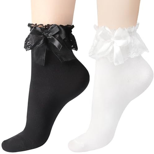 loghohu 2 Paar Rüschen Socken,Süße Spitze Socken mit Rüschen Damen,Schwarz Weiß Ballet Söckchen mit Böge,Weiche Baumwollsocken Spitzensocken,für Damen und Mädchen Prinzessin Kostüm