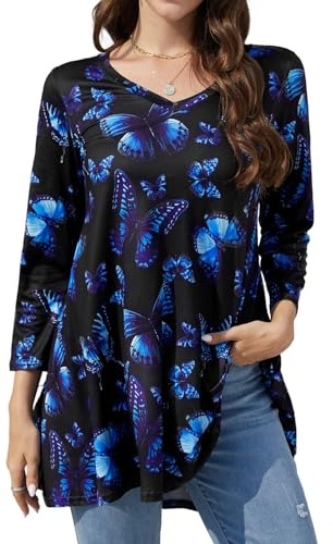 Enmain Tunica Donna Viola Manica Lunga Maglia Lunga Maglietta a Maniche Lunghe 3/4 Taglie Forti Longline Blusa Scollo V Camicia Elegante 3XL