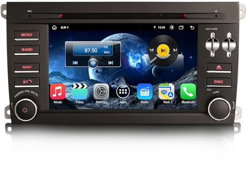 Erisin 7 inch 8-Core 4GB RAM 64GB ROM Android 14 Car Stereo Bluetooth Sat Nav for Porsche Cayenne Head Unit Support Apple CarPlay Android Auto GPS DSP DAB+ WIFI 4G CD Player DVD DVR USB Canbus SWC