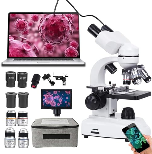 Professional Binocular Microscope Kit, 5-Inch HD Display + Electronic Eyepiece + Mobile Phone Holder, with 185 Achromatic Objective Lens,30000X