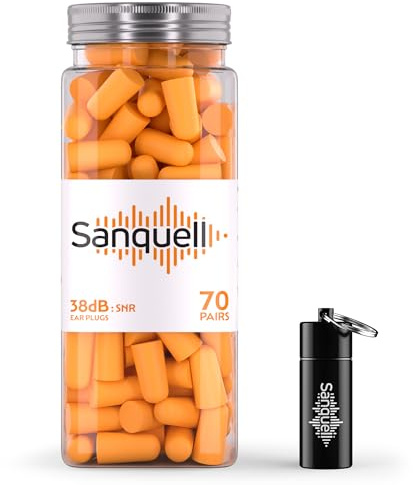 Sanquell Soft Disposable Foam Ear Plugs, 70 Pairs, SNR 38 dB Hearing Protection, Includes Aluminium Case, for Sleep, Travel, Work, and Study - Orange
