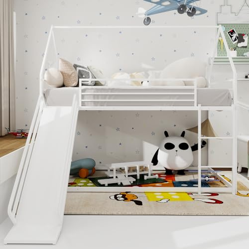 Arhatreya Lit superposé, 90 x 190 cm, avec toboggan, lit mezzanine avec échelle, cadre de lit en métal en forme de maison, lit pour enfants, garçons et filles, sans matelas, blanc