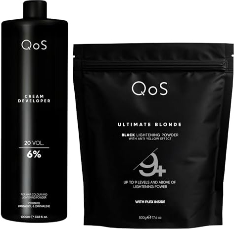 QOS Blondierset 6% (20 Vol), Blondierpulver 500g + Creme Entwickler 1000ml, staubarm, Anti-Gelbstich, Plex/Bond-Support, Profi Blondierung
