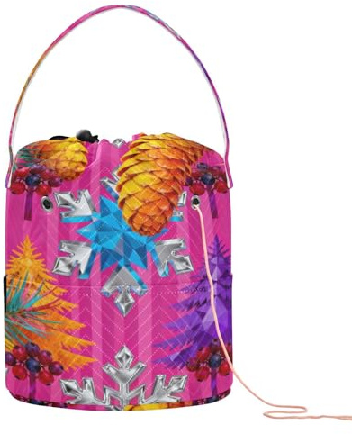 GuoChe Häkeltasche mit hellen Tannenzapfen und Baum, Weihnachtsmuster, Häkeltasche mit Löchern, Aufbewahrungstasche für Häkelwerkzeuge, Aufbewahrungs-Organizer