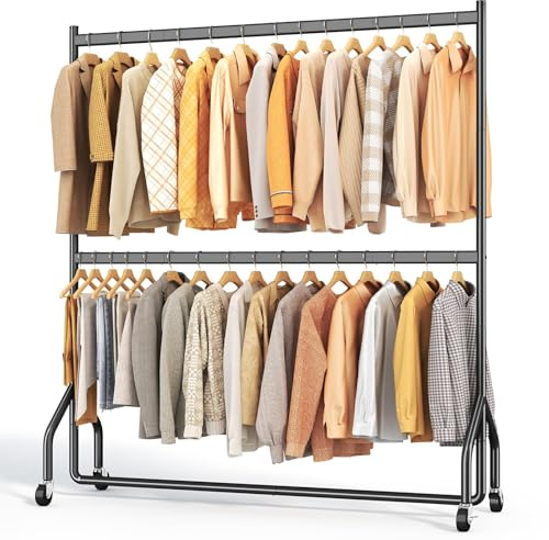 HOKEEPER Heavy Duty Double Rail Clothes Rack with 160kg Capacity, Rolling Closet Organizer for Boutique, Bedroom, Laundry Room - Width 152cm