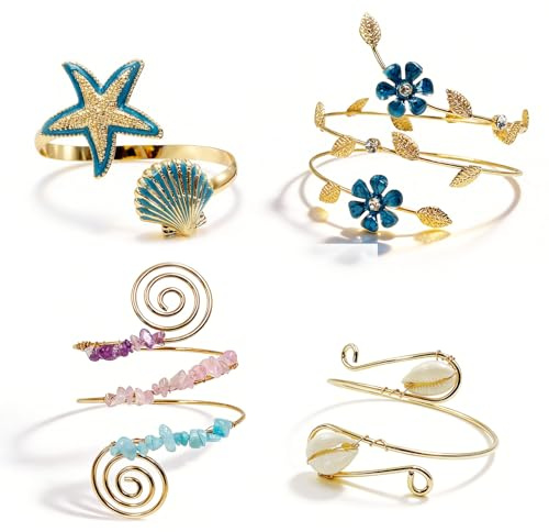 SNAIL GARDEN Juego de 4 brazaletes de verano para mujer, parte superior de joyería de brazo abierto de doble capa, ajustable para festivales y playa