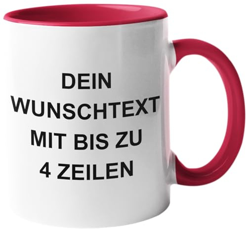 Personalisierte Tasse mit Wunschtext – Keramik Kaffeetasse mit farbigem Henkel & Innenfarbe – Individuelles Geschenk – Spülmaschinengeeignet – 4 Zeilen Text (Rot)
