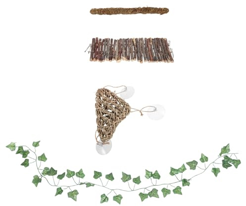 HIAKDOFT Pont en Bois, Hamac Triangulaire, Vigne Artificielle Mousseuse et Décor Herbacé pour Terrarium, Escalade pour Lézards de Compagnie, Décoration Naturelle pour Habitat Reptile