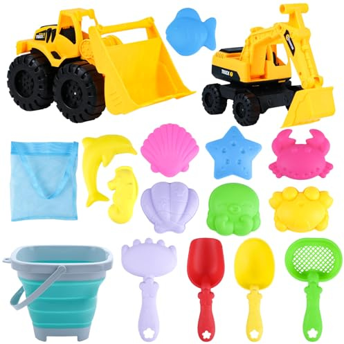17 Stück Sandspielzeug Strandspielzeug Kinder Junge Mädchen, Bagger Sandkasten Strand Bauwagen Spielzeug Set mit Bagger Faltbares Eimer Schaufel Sandförmchen Set, Sand Spielzeug ab 3 4 5 Jahren