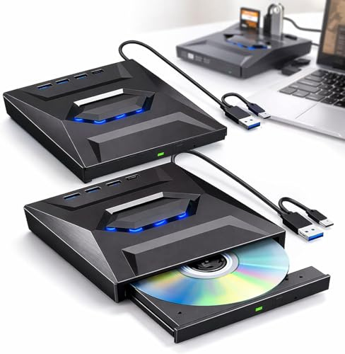 Unidad de DVD USB externa 7 en 1 y reproductor de Blu-ray, USB C 3.0 tipo C portátil BD/DVD/CD con 3 puertos USB Hub y lector de tarjetas SD/TF, unidad óptica Blu-ray 6X para computadora portátil de
