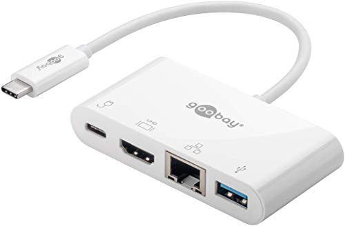 goobay 62105 USB C Hub Multiport USB Verteiler 60W PD / 4 Port USBC auf 1x HDMI - 1x USB-C - 1x USB-A 3.0-1x RJ45 Ethernet Buchse/Typ C USB Adapter MacBook iPhone/Weiß