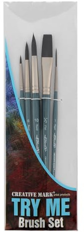 Creative Mark Artist Paint Brush Set - Mimik Synthethic Squirrel Short Handle Paint Brushes - Assorted Sizes - Try Me Pack - 5 Pieces