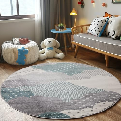 Carpettex Kinderteppich Kinderzimmer Wolke Design Kinder Teppich Babyzimmer Weicher Flor, Farbe: Blau, Größe: 160 cm Rund