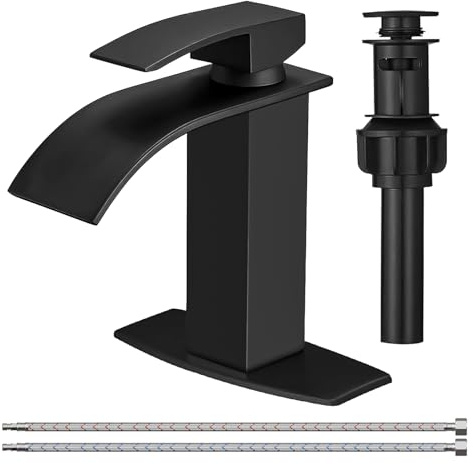 BESy Black Waterfall Bathroom Faucet, Single Hole 1 Hole 3 Holes Single Handle Bathroom Sink Faucet, Vanity Faucet with 6 Inch Deck Plate, cUPC Waterlines, Matte Black with Pop Up Drain