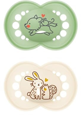 MAM Original Schnuller im 2er-Set, zahnfreundlicher Baby Schnuller aus nachhaltigen & bio-erneuerbaren Materialien, Sauger aus MAM SkinSoft Silikon, mit Schnullerbox, 6-16 Monate, Wolf/Hase