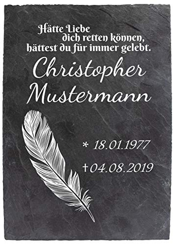 wandmotiv24 Schiefertafel Trauer, Gedenktafel Verstorbene Hochformat 20x30cm, Personalisiert Name + Datum, Spruch + Bildmotiv Feder, Digitaldruck, Witterungsbeständig, Naturprodukt