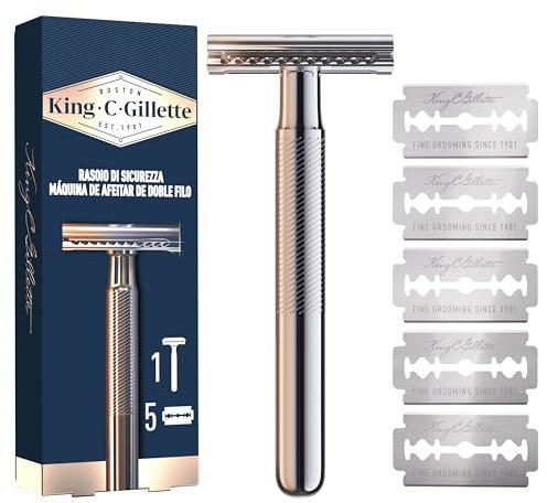 King C. Gillette RASOIO di Sicurezza, 1 Manico, 5 Lamette da Barba, in Acciaio Inossidabile, Lametta rivestita di Platino IDEA REGALO UOMO PER CURA DELLA BARBA