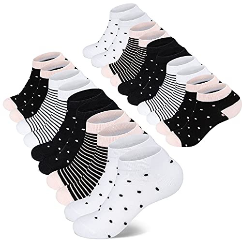 Mowenti Sneaker Socken 35-38 Damen Kurze Baumwollsocken Sportsocken 10 paar Streifen Punkten-8204