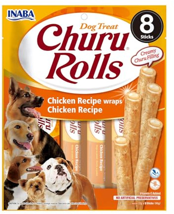 INABA Churu Rolls mit echtem Fleisch, Hundeleckerli ohne Getreide, ohne Zucker, Keine Nebenerzeugnisse, Weiche Leckerlis geeignet für Kleine Hunde und Seniorhunde mit Huhn 96 g (1er Pack)