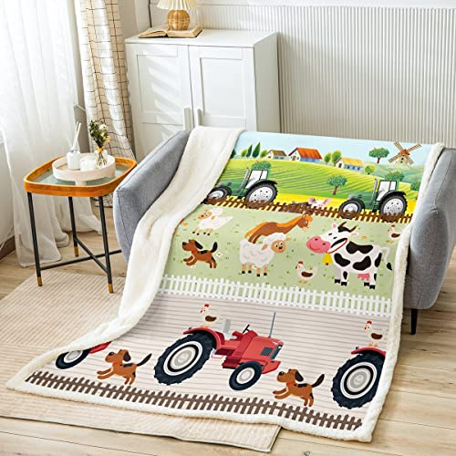 Loussiesd Kinder Karikatur Bauernhof Tiere Decke 130x150cm Kleinkind Niedliche Traktoren Wohndecke für Jungen Kinder Bauernhaus Land Kuscheldecke Bunte Raumdekor Natur Thema Flanell Fleecedecke