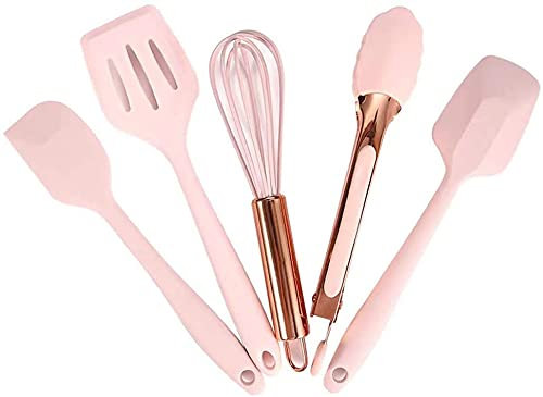 Lot de 5 mini ustensiles de cuisine en silicone pour enfant - Fouet, spatule, pince, cuillère et spatule ajourée - Rose doré et rose
