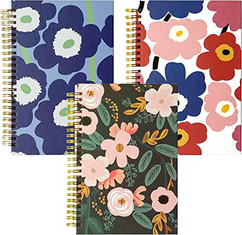 YOOMONA 3 Stück Punktraster Spiral Notizbuch, A5 Blumen Spiralblock Reisetagebuch Skizzenbuch Tagebücher Notizblock Set,14 x 21 cm,75 Blatt,100 g/m²Papier