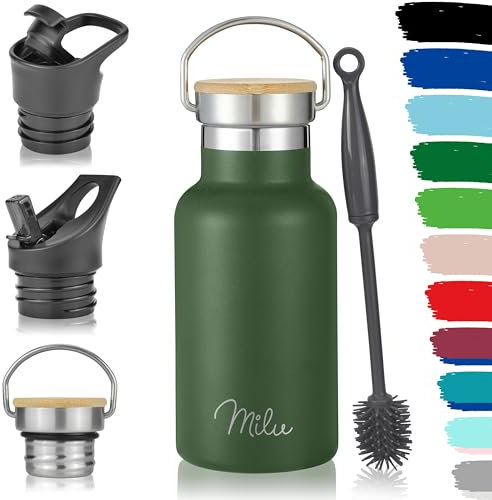 Milu Edelstahl Trinkflasche 350ml 500ml 750ml 1000ml (+3 Deckel) Thermosflasche mit Strohhalm Isolierte Wasserflasche für Kinder, Erwachsene, für unterwegs, auslaufsicher (Olivgrün, 350ml)