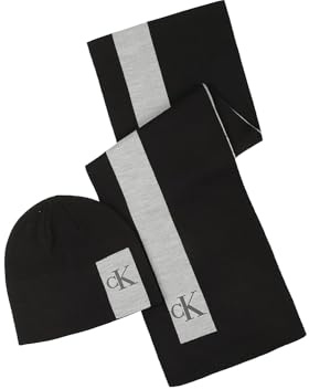Calvin Klein Men's Enclosed Silicone CK Monogram Beanie and Scarf Set, Black, One Size