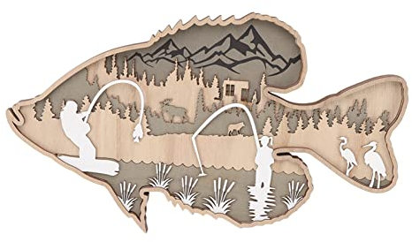 HERCHR Fisch-Dekor-Holztierstatuen, mehrschichtige 3D-Holzschnitzerei, Fischwand, Schnitzdekoration, ausgehöhlter Fisch, gestreifte Wandkunst, Wandskulpturen, Statuen(EIN)