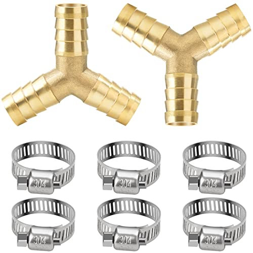 nutmanel Messing Y-Stück Schlauchverbinder 12mm 3-Wege-Schlauchverbinder mit 6 Stück Schlauchklemmen