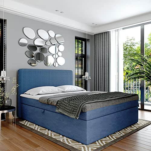 FURNISTAR Boxspringbett Doppelbett Suzi - Gepolstertes Kopfteil mit Einer Eleganten Weichen Kissendesign. Bett mit Bonellmatratze mit Bettkasten für Bettwäsche und Topper. (Blau, 160x200)