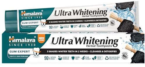 Himalaya Pasta de Dientes Ultra Whitening - Fórmula Herbal con Carbón Activado de Coco y Aceite de Semillas Negras, Sin Flúor, 100% Vegana, Limpia y Blanquea los Dientes en 3 Tonos, 75ml