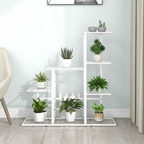 JUNZAI Blumenständer, Pflanzenständer, Pflanzenregal, Blumenregal, Blumentreppe, Pflanzentreppe, Blumenleiter, Kräuterleiter, Pflanzenleiter, 94,5x25x88 cm Weiß Metall