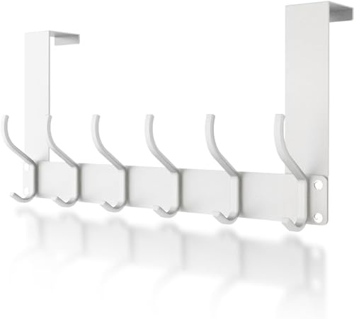 MOXTOYU Over The Door Hanger 12 Hooks Lightweight Easy Installation Over Door Coat Hooks Assembly-Free Over Door Hooks for Clothes Coat Towel Bag Robe Bathroom White(DHW-01)