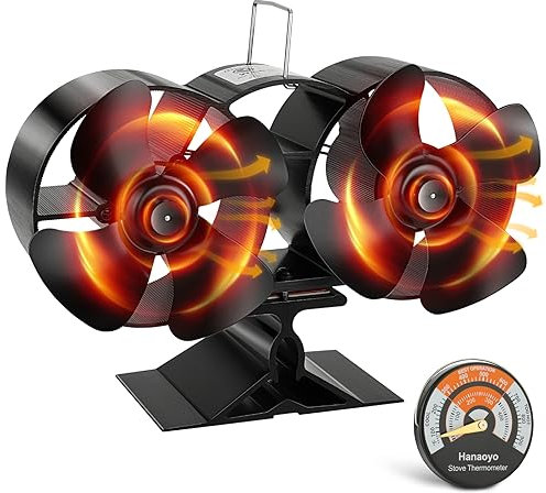 Hanaoyo Stove Fan, Log Burner Fan with Double Motors, Wood Burning Stove Fan Heat Powered Silent Operation with Stove Thermometer, Eco Friendly Wood Stove Fan for Wood/Log Burner/Fireplace