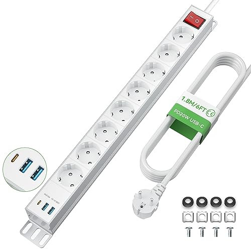 Steckdosenleiste 8 Fach mit USB C PD20W Überspannungsschutz, Mehrfachsteckdose Wandmontage mit USB, Aluminium Steckdosenleiste mit Schalter für Büro Industrie, 1.8M Kabel 16A/3680W, Weiß