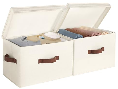 StorageWorks Fabric Storage Bins with Lid, Decorative Storage Boxes for Shelves, Stackable Closet Organizer Basket with Handles, Large, Ivory White, 2-Pack