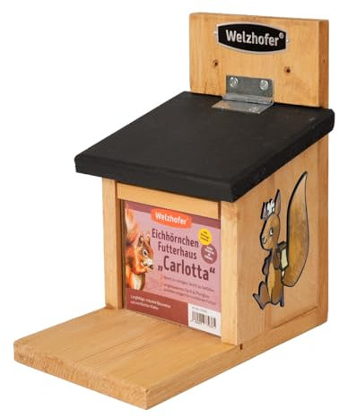 Welzhofer Eichhörnchenfutterhaus Carlotta, Futterhaus für Eichhörnchen zum Aufhängen, große Futteröffnung, einfach und sauber Befüllen, handgemacht in Europa